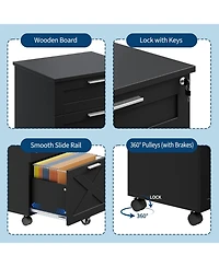 gaomon 3-Drawer Rolling File Cabinet with Lock, Wooden Mobile Filing Cabinet for Home Office & Under Desk Storage