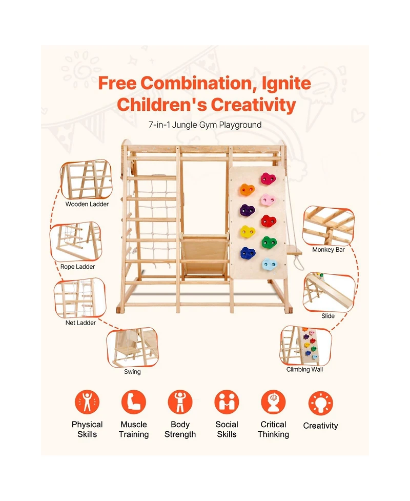 Slickblue Indoor Jungle Gym, 7-in-1 Toddler Indoor Playground, with Wood and Rope Ladder