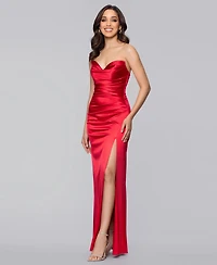 Blondie Nites Juniors' Long Strapless Glam Satin Slim Gown