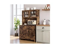 gaomon Kitchen Pantry Cabinet with Microwave Stand, Freestanding Hutch Storage Cupboard, Brown