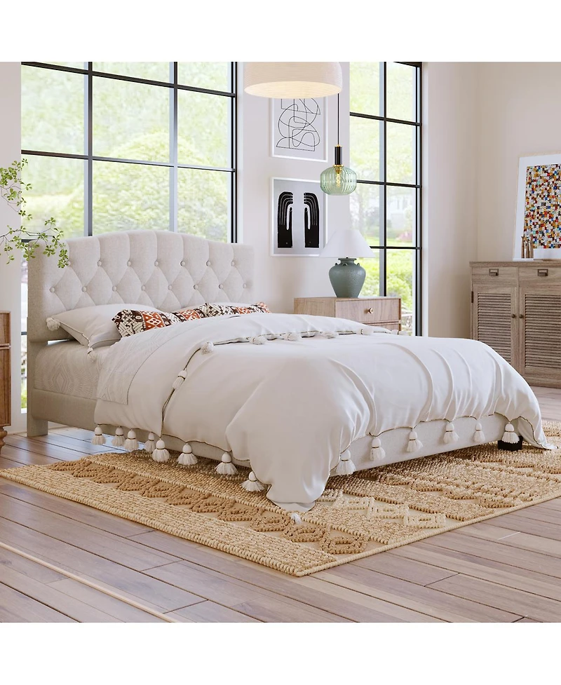 Streamdale Furniture “Queen Upholstered Platform Bed with Curved Tufted Headboard, Beige”