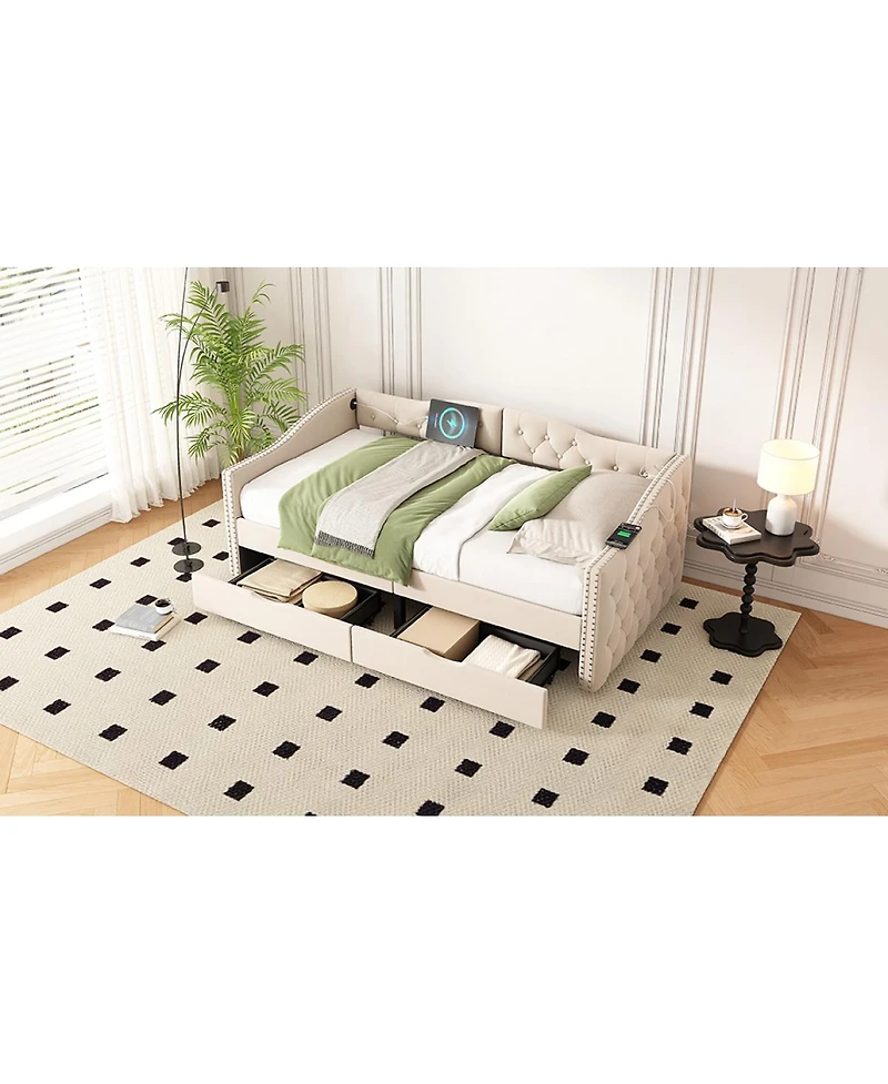 Streamdale Furniture Upholstered Beige Daybed with Storage Drawers - Twin Size