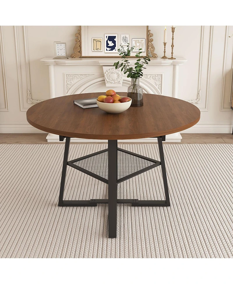 Streamdale Furniture 47" Extendable Round Dining Table with Storage, Walnut Finish & Metal Frame