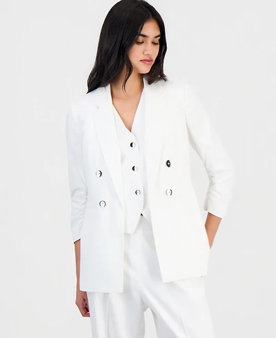 Bar Iii Women's Ruched-Sleeve Open-Front Linen Blazer, Exclusively at Macy's