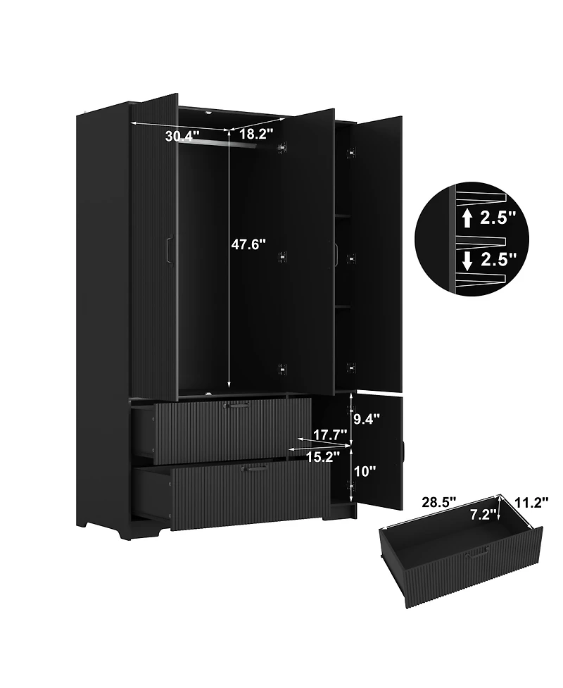 Streamdale 4-Door Wardrobe with Mirror, Led, 2 Drawers, Black