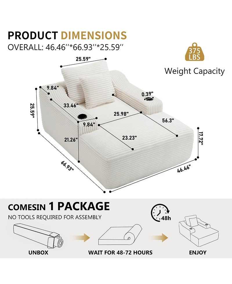 Streamdale Furniture 67" Corduroy Chaise Lounge Sleeper Sofa with Armrest, White
