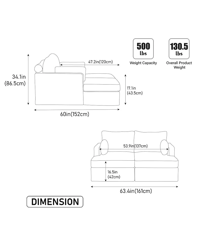 Streamdale Furniture 63.39" Wide Chenille Sofa Bed with Cushions & Metal Legs