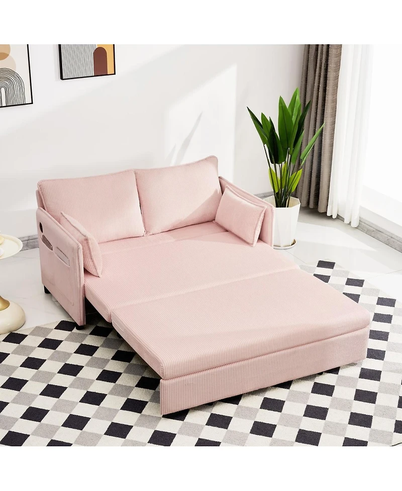 Streamdale Furniture 55" Convertible Sofa Bed with Usb Ports, Modern Corduroy Couch, Pink