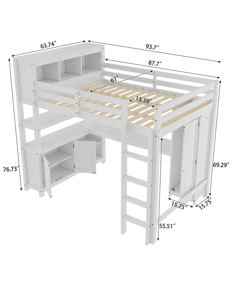 Streamdale Furniture Wood Loft Bed with Cabinet, Bookshelf & Desk