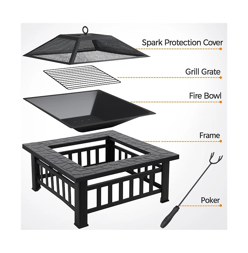 Yaheetech 32'' Outdoor Square Fire Pit with Cover & Poker
