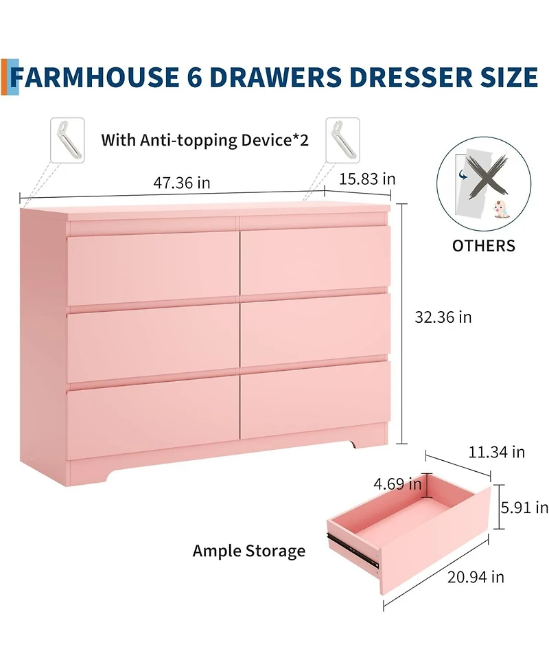 gaomon 6-Drawer Dresser, Simply Modern Wooden Chest of Drawers for Bedroom Storage