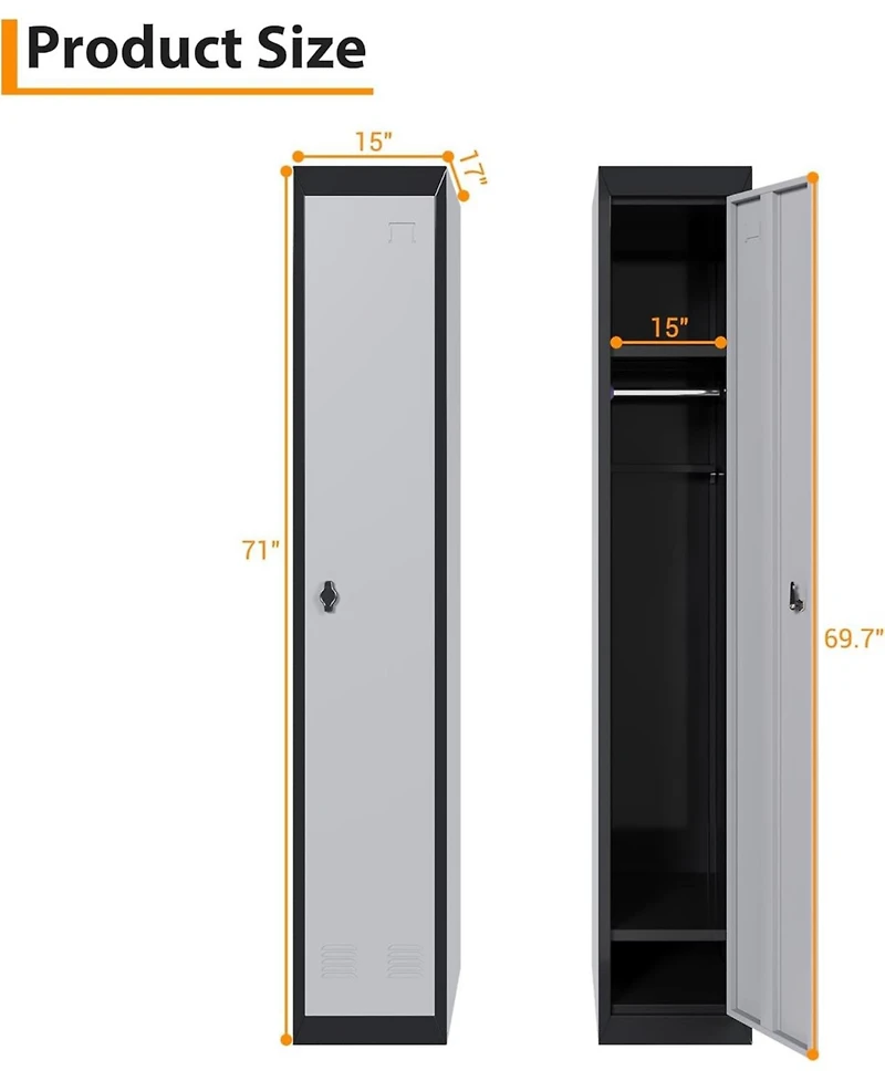 gaomon 71" Metal Locker Cabinet with Hanging Rod and Shelves, Heavy Duty Steel Storage for Office or Gym
