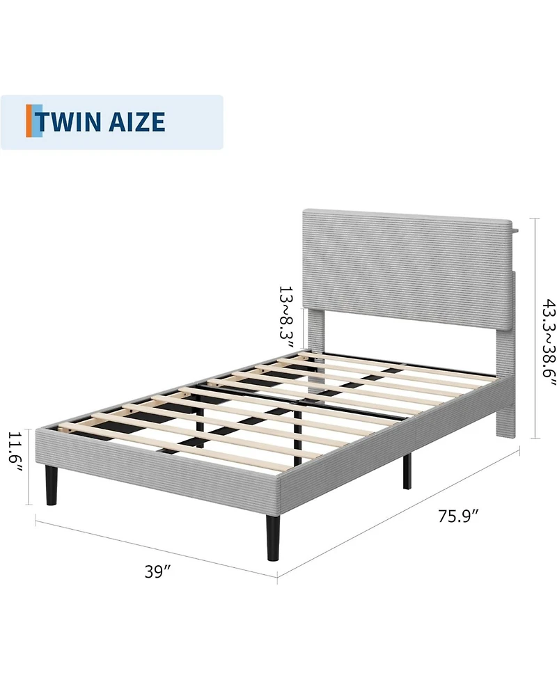 gaomon Bed Frame with Usb Charging Station, Corduroy Upholstered Platform Adjustable Storage Headboard