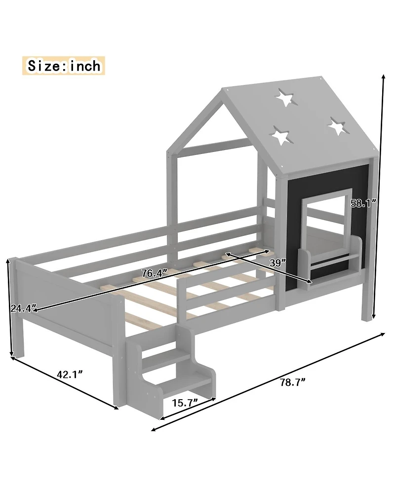 Streamdale Furniture Twin House Bed with Stairs, Window, Bookcase, Blackboard, Star Roof