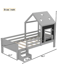 Streamdale Furniture Twin House Bed with Stairs, Window, Bookcase, Blackboard, Star Roof