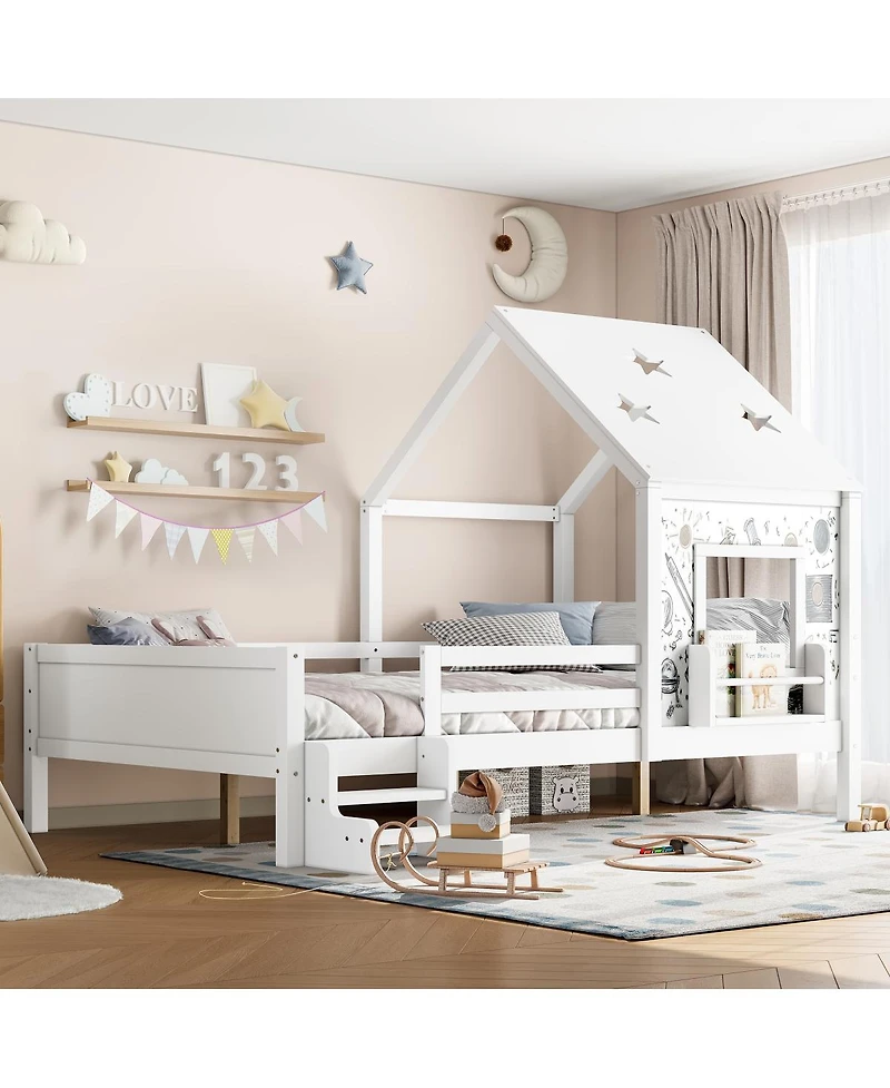 Streamdale Furniture Full House Bed with Low-Profile Stairs, Window, Bookcase, Blackboard, Star Roof