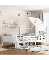 Streamdale Furniture Full House Bed with Low-Profile Stairs, Window, Bookcase, Blackboard, Star Roof