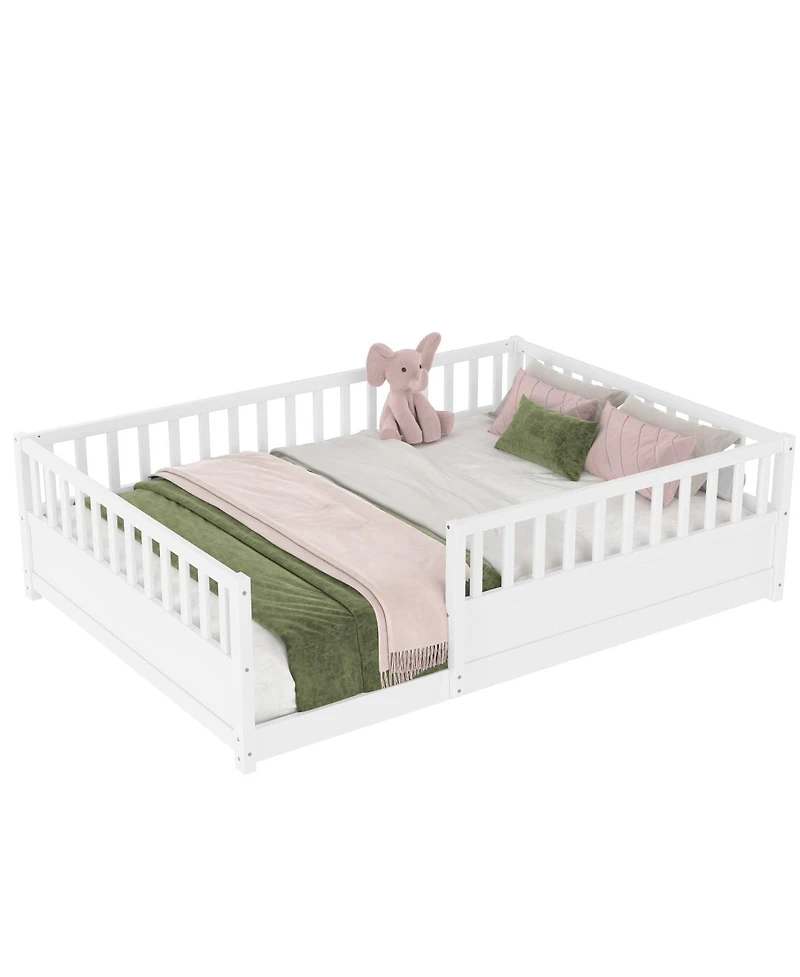 Streamdale Furniture Montessori Wooden Floor Bed with Security Barrier and Door, White