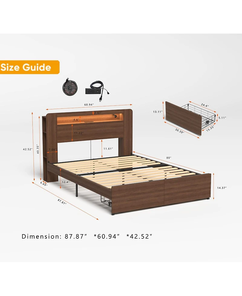 Streamdale Furniture Wooden Queen Farmhouse Bed Frame with Bookcase, Storage Drawers & Led Headboard