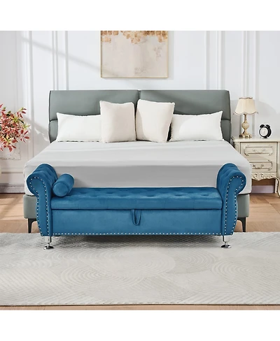Streamdale Furniture 62.2" Soft Velvet Storage Bench with Crystal Buttons & Pillow