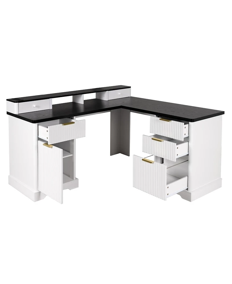 Streamdale Furniture Modern Fluted L-Shaped Desk with Charging Station & Storage