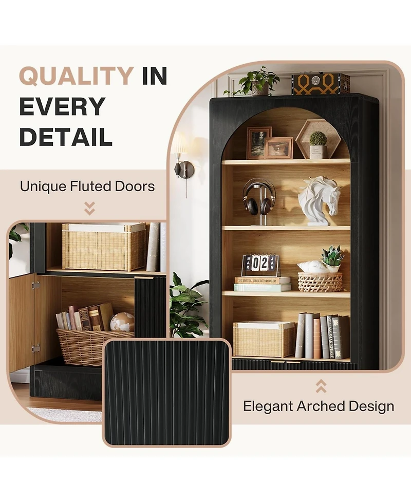 Tribesigns 71" Tall Bookcase, 5-Tier Arched Black Bookshelf with Storage Cabinet and Fluted Doors, Modern Farmhouse Standing Wood Bookshelves