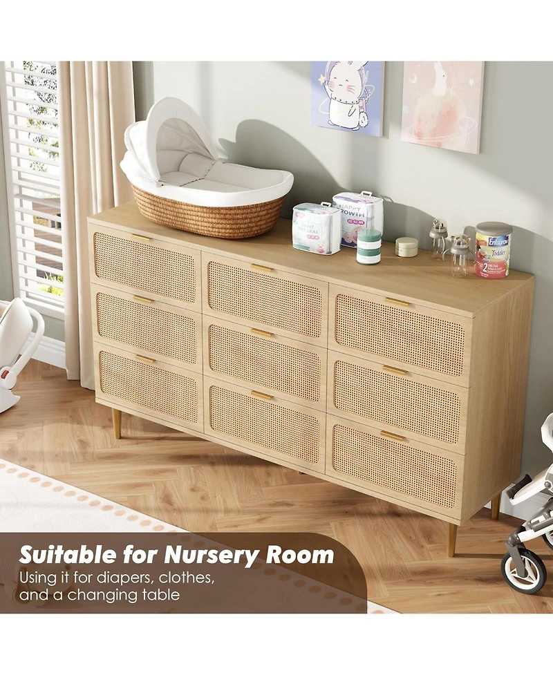 gaomon Rattan 9 Drawer Dresser for Bedroom, Tall Chest of Drawers with Deep Storage and Wide Top, Beige