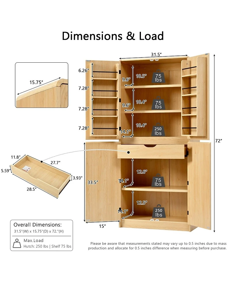 Streamdale Furniture 72" Farmhouse Kitchen Pantry Cabinet with 8 Shelves, Curved Storage, Hidden Drawer
