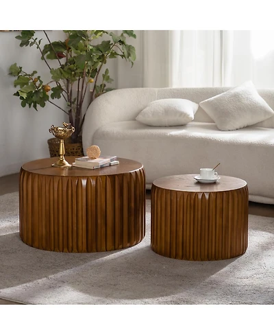 Streamdale Furniture Set of 2 Fluted Round Coffee Tables - Solid Wood Nesting Center Table (26.77"/19.69")