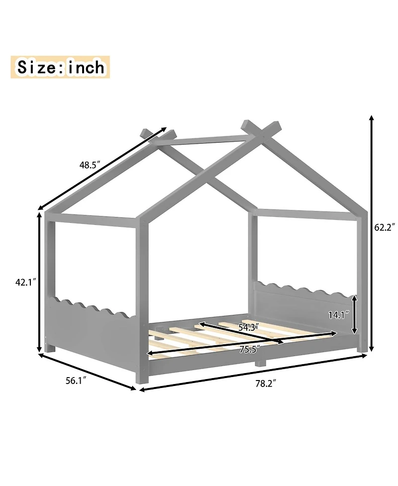 Streamdale Furniture Full House Floor Bed with Support Slats, Solid Wood House Bed Frame for Kids, Gray