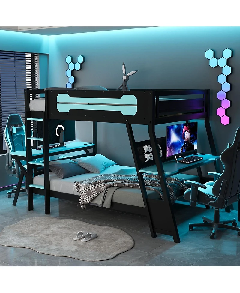 Streamdale Furniture Bunk Bed with Two Gaming Desks & Usb Ports