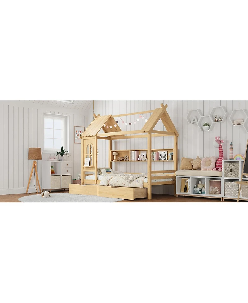 Streamdale Furniture Twin House Bed with Storage Drawers and Shelves, Solid Wood