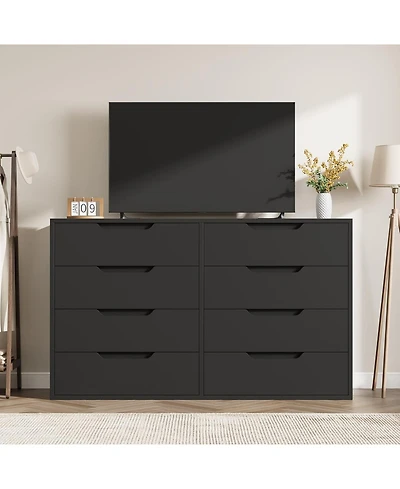 gaomon Farmhouse Tv Stand with 8 Drawers, 55" Wide Entertainment Center for TVs up to 75 Inch with Metal Legs, Black