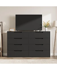 gaomon Farmhouse Tv Stand with 8 Drawers, 55" Wide Entertainment Center for TVs up to 75 Inch with Metal Legs, Black