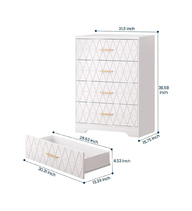 gaomon 4-Drawer Wooden Dresser for Bedroom, Tall Chest of Drawers with Gold Handles & Storage