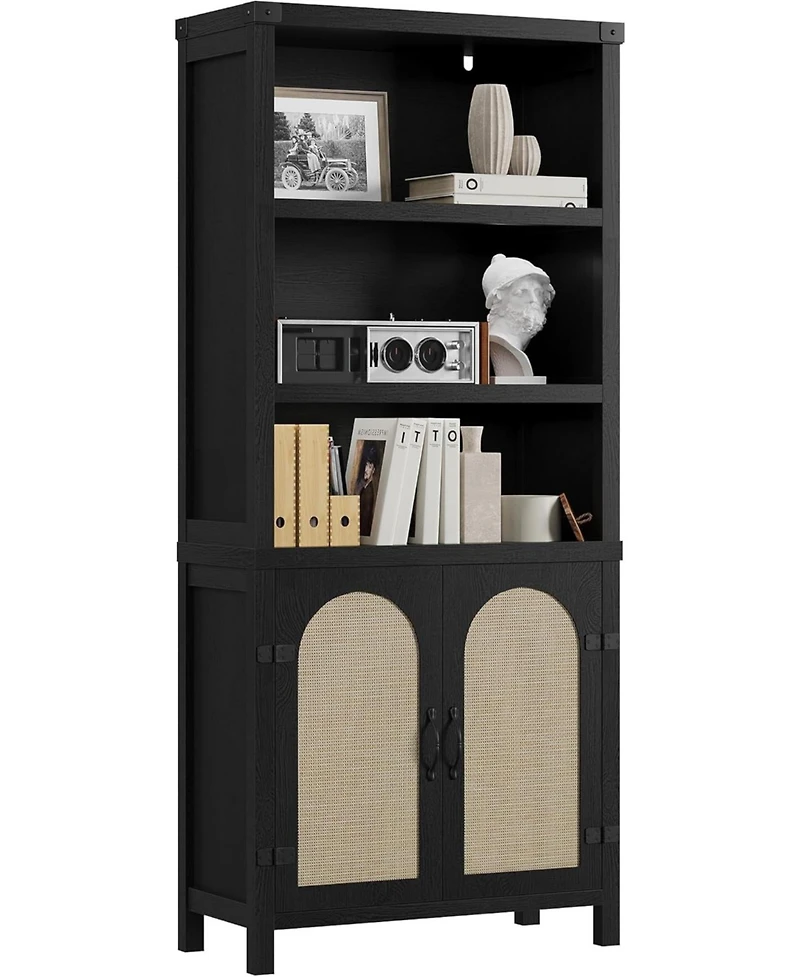 gaomon 70" Tall Farmhouse Bookshelf with Rattan Doors, 3-Tier Open Bookcase with Adjustable Shelves, Black