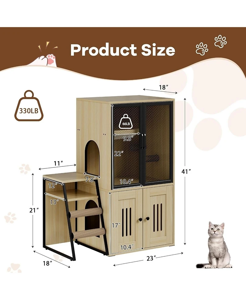 gaomon 2-in-1 Cat Litter Box Enclosure Furniture with Doors, Double Layer Cat House and Storage Cabinet, Beige