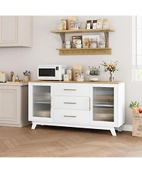 gaomon Modern Farmhouse Buffet Storage Cabinet with Glass Door, 56" Large Sideboard Door/3 Drawers/Adjustable Shelf