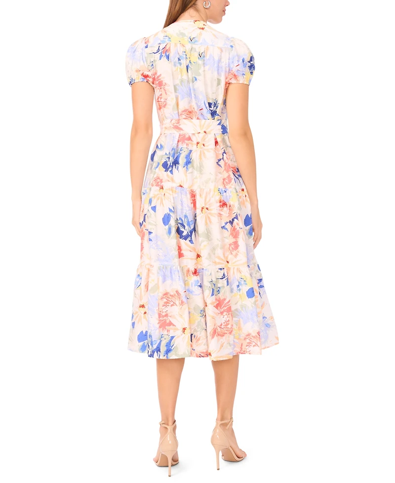 Msk Petite Split Neck Puff-Sleeve Tiered Maxi Dress