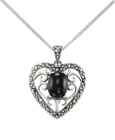 Macy's Marcasite (0.17 ct. t.w.) and Faceted Onyx (1-1/4 ct. t.w.) Heart Pendant Necklace in Sterling Silver