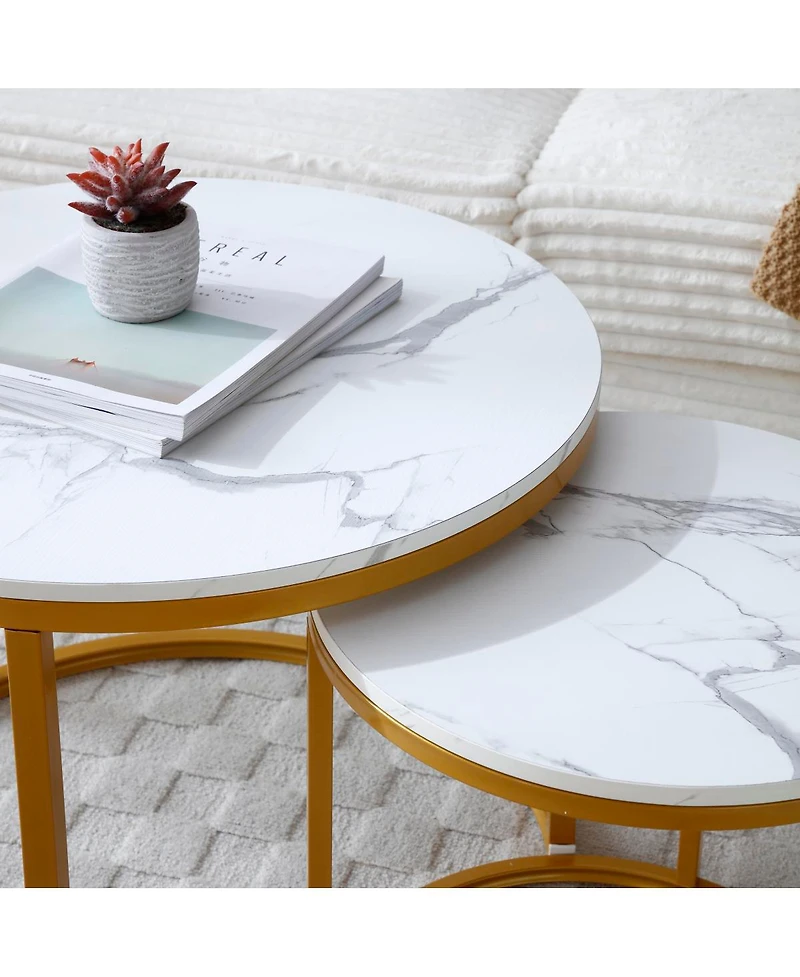 Streamdale Furniture Set of 2 Round Nesting Coffee Tables with Golden Frame