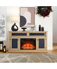 Streamdale Furniture Embossed Pattern Tv Stand with 23" Fireplace, Media Console, Light Oak, 58.27"W