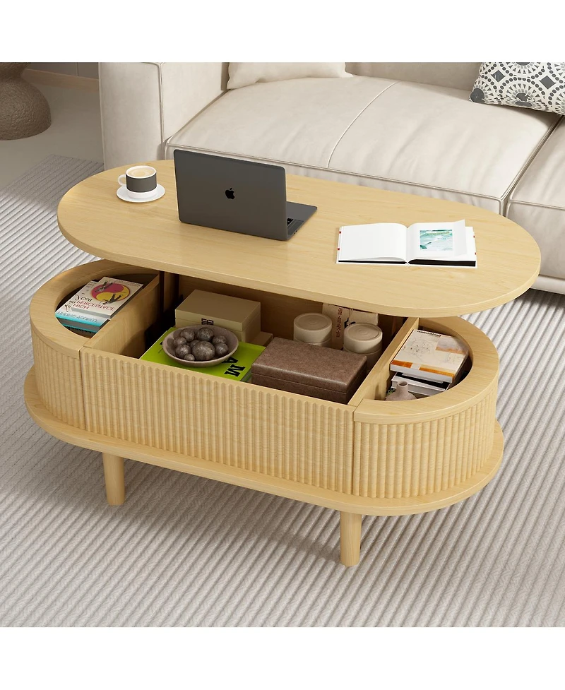 Streamdale Furniture Fluted Lift Top Coffee Table with Hidden Compartment, Modern Oval Lift Tabletop