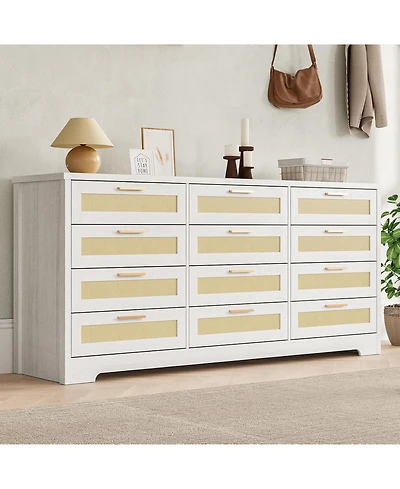 gaomon 12 Drawer Dresser for Bedroom, Modern Farmhouse Rattan Chest of Drawers, Wood Closet, Living Room, Entryway, and Hallway