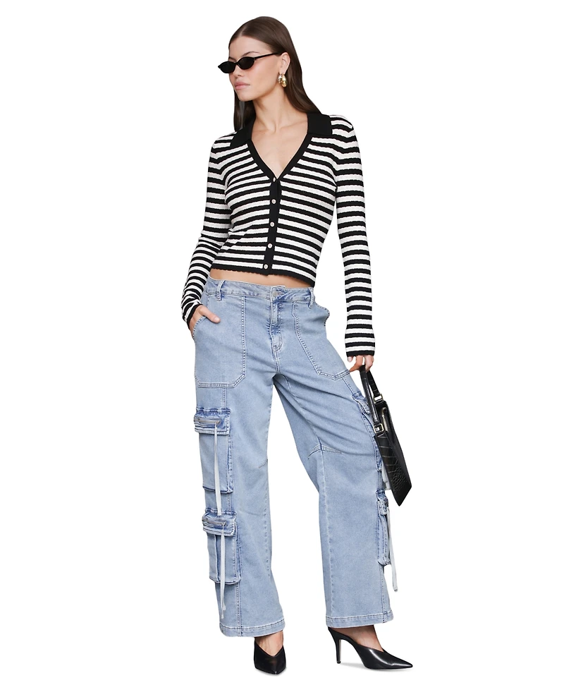 Avec Les Filles Women's Stripe Polo Long-Sleeve Cardigan Sweater