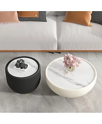 Streamdale Furniture Modern Round Sintered Stone Leather Edge Sofa End Table with Metal Base