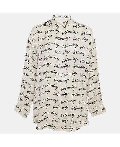 Pre-Owned Balenciaga Women's White Logo Scribble Print Silk Loose Fit Shirt