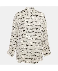 Pre-Owned Balenciaga Women's White Logo Scribble Print Silk Loose Fit Shirt