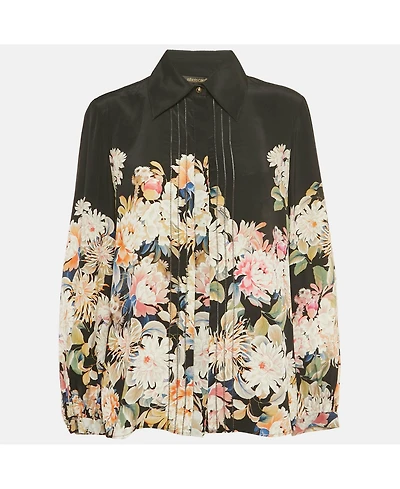 Pre-Owned Roberto Cavalli Women's Black Floral Print Silk Blouse