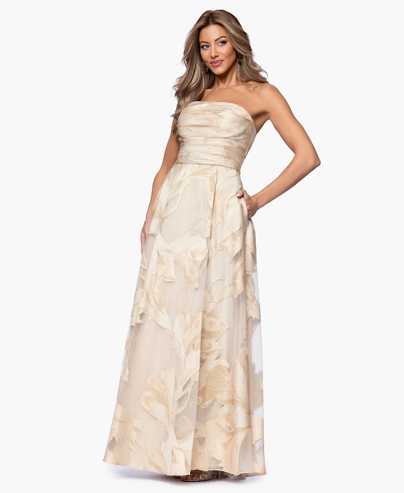 Xscape Petite Jacquard Strapless Long Ball Gown